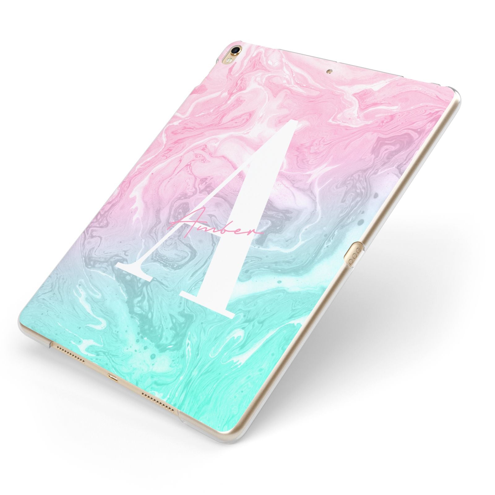 Monogrammed Pink Turquoise Pastel Marble Apple iPad Case on Gold iPad Side View