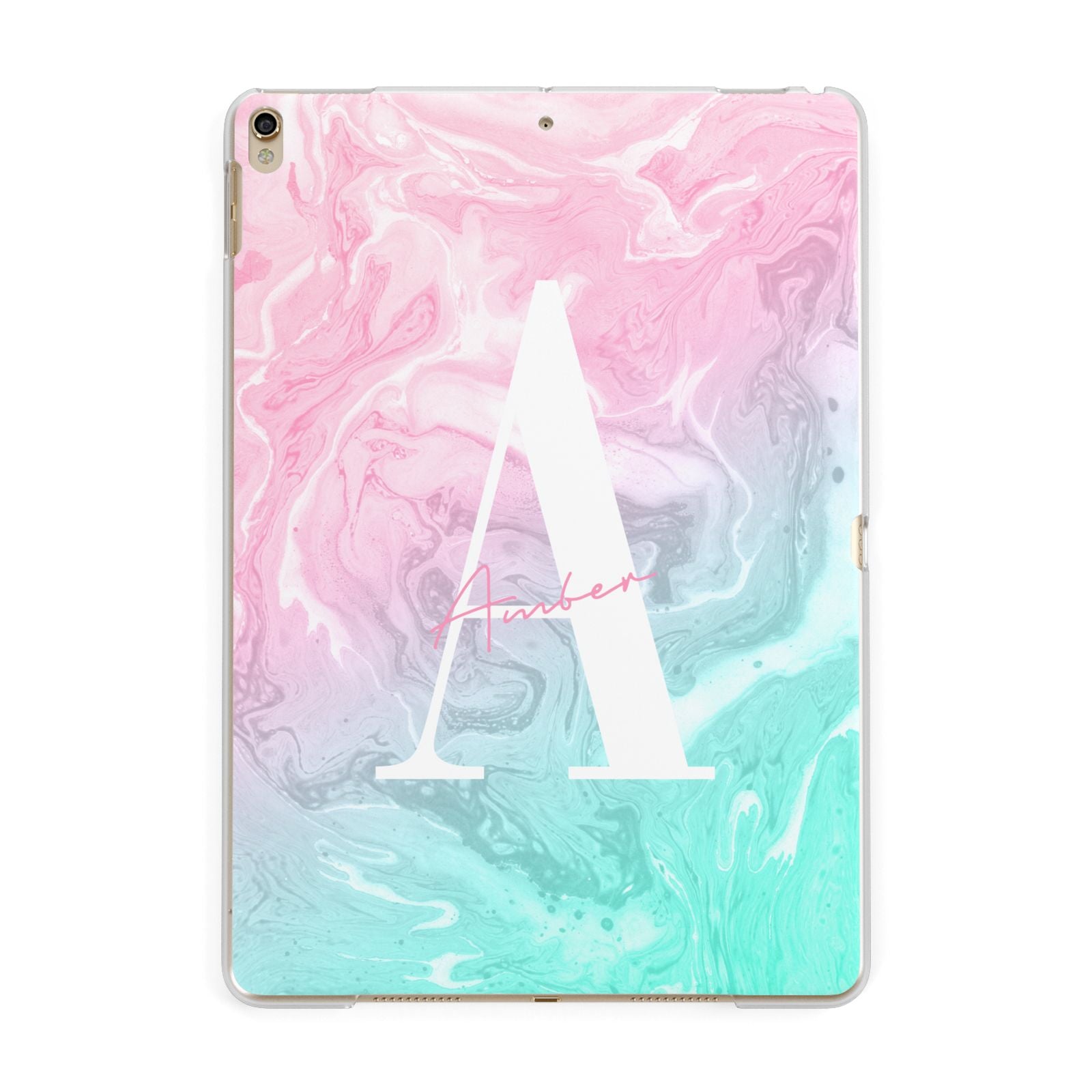 Monogrammed Pink Turquoise Pastel Marble Apple iPad Gold Case
