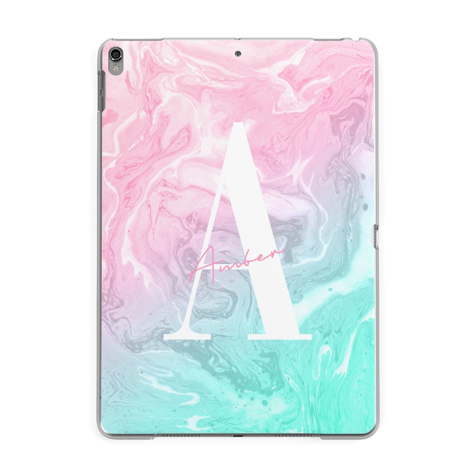 Monogrammed Pink Turquoise Pastel Marble Apple iPad Grey Case