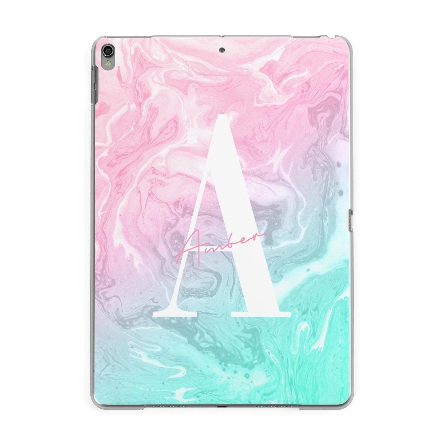 Monogrammed Pink Turquoise Pastel Marble Apple iPad Grey Case