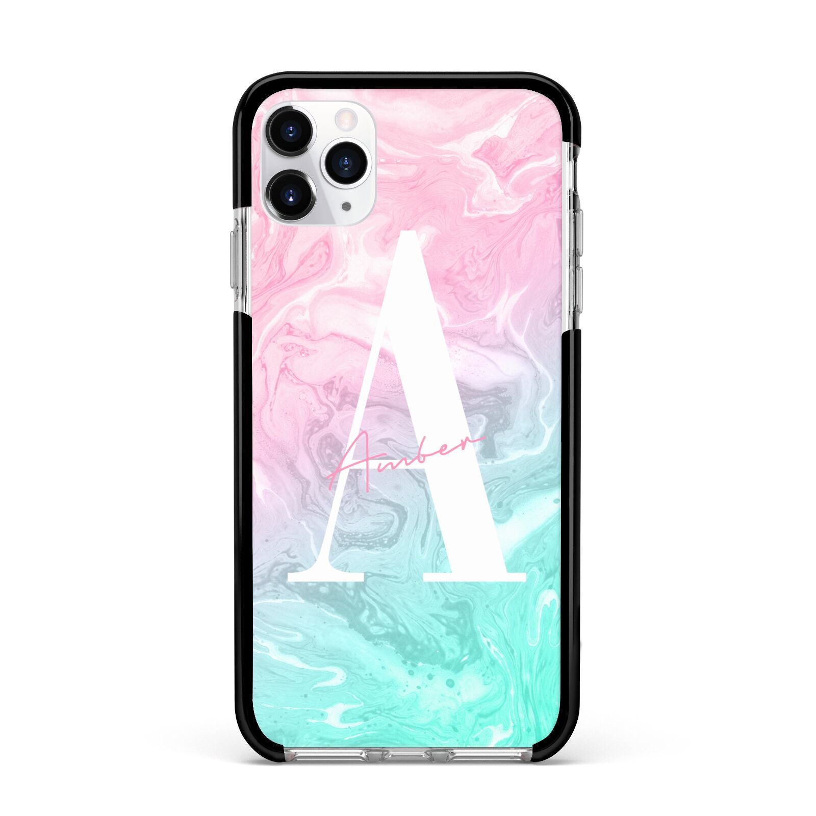 Monogrammed Pink Turquoise Pastel Marble Apple iPhone 11 Pro Max in Silver with Black Impact Case