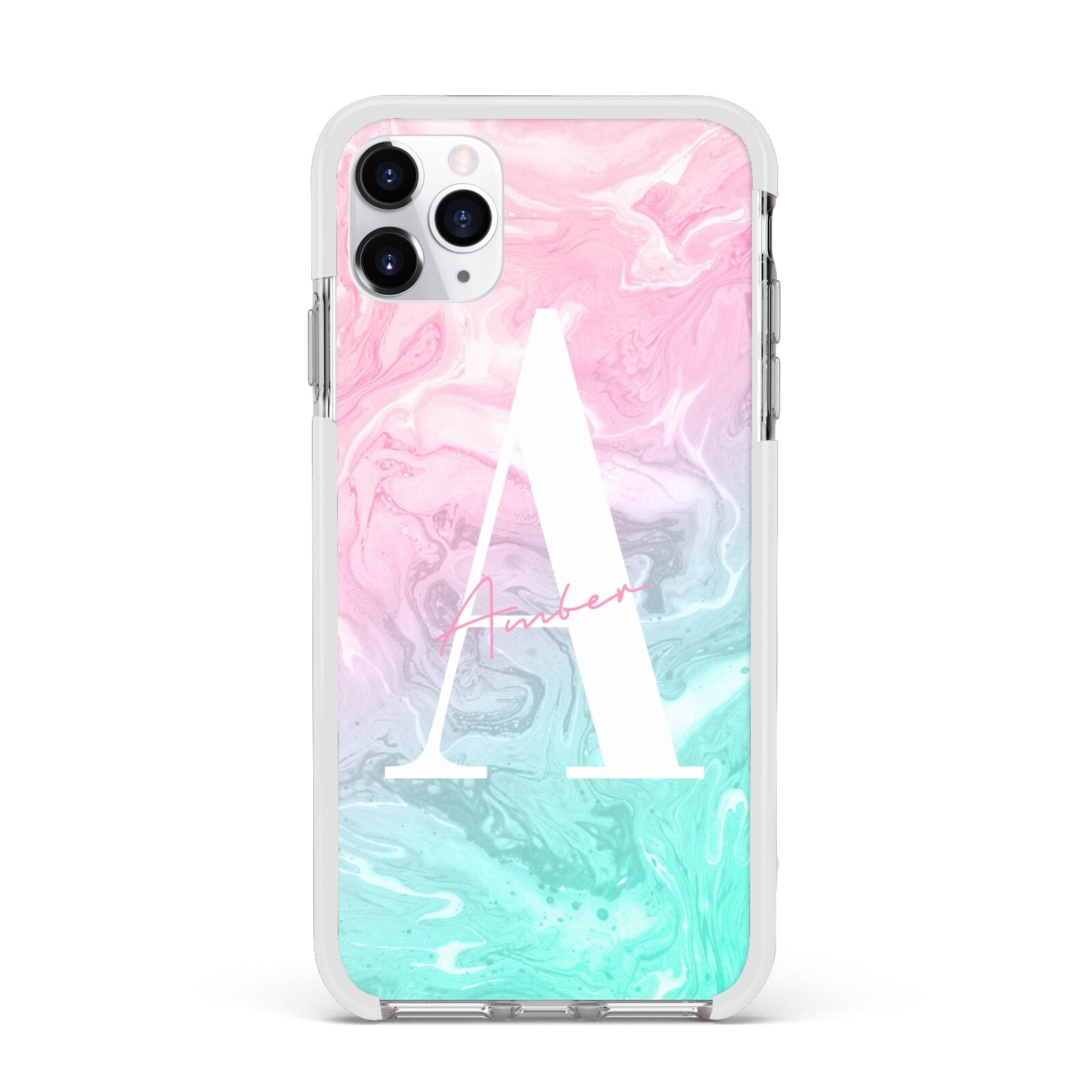 Monogrammed Pink Turquoise Pastel Marble Apple iPhone 11 Pro Max in Silver with White Impact Case