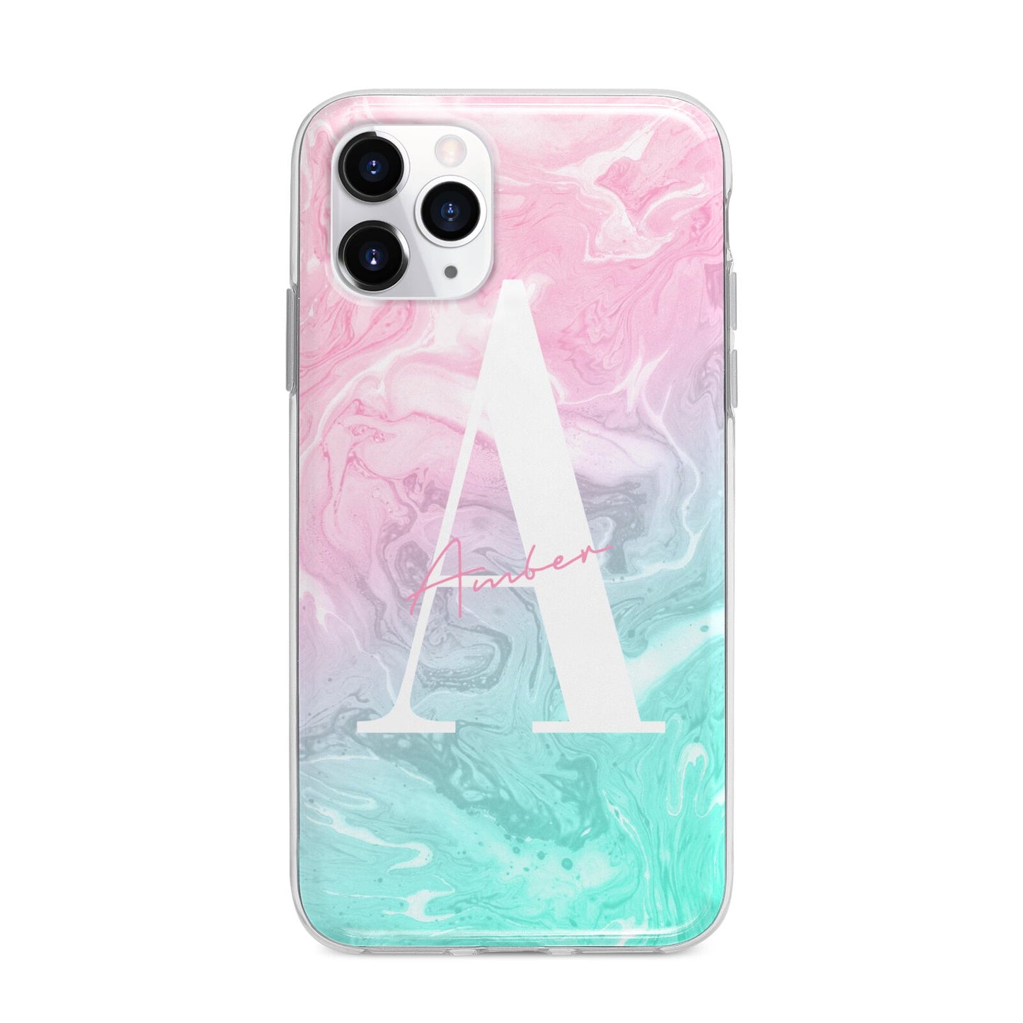 Monogrammed Pink Turquoise Pastel Marble Apple iPhone 11 Pro in Silver with Bumper Case