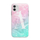 Monogrammed Pink Turquoise Pastel Marble Apple iPhone 11 in White with Bumper Case