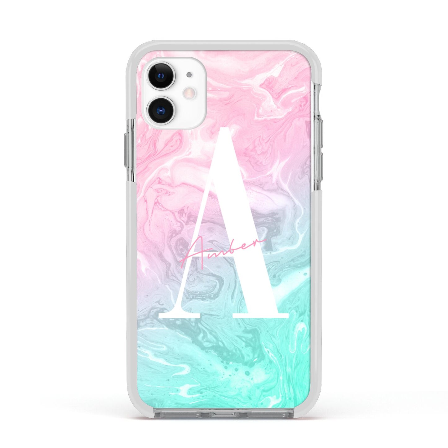 Monogrammed Pink Turquoise Pastel Marble Apple iPhone 11 in White with White Impact Case