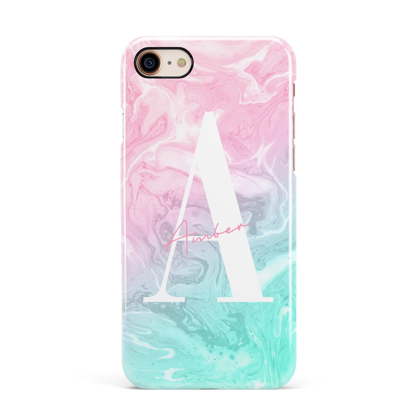 Monogrammed Pink Turquoise Pastel Marble Apple iPhone 7 8 3D Snap Case