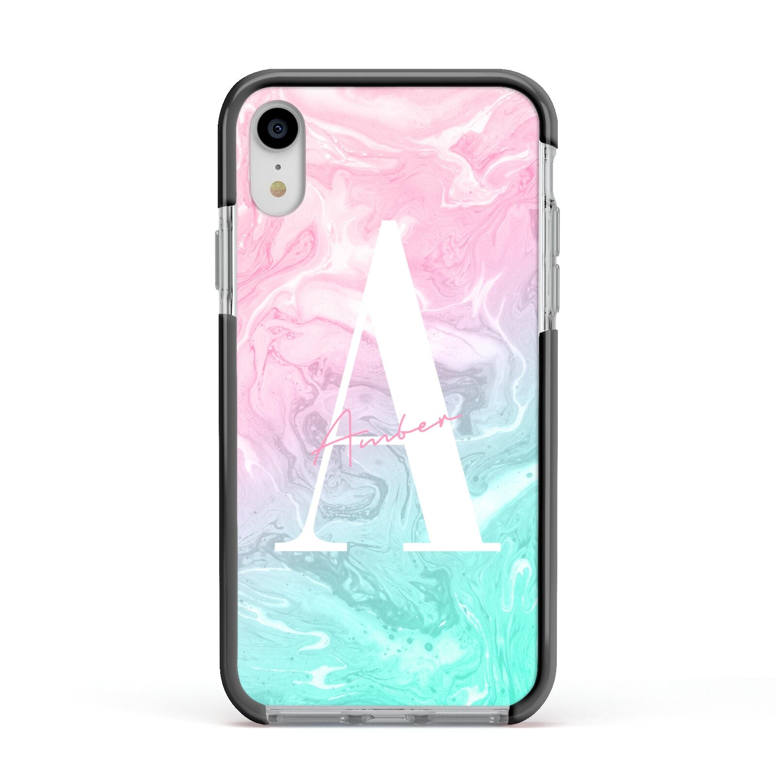 Monogrammed Pink Turquoise Pastel Marble Apple iPhone XR Impact Case Black Edge on Silver Phone