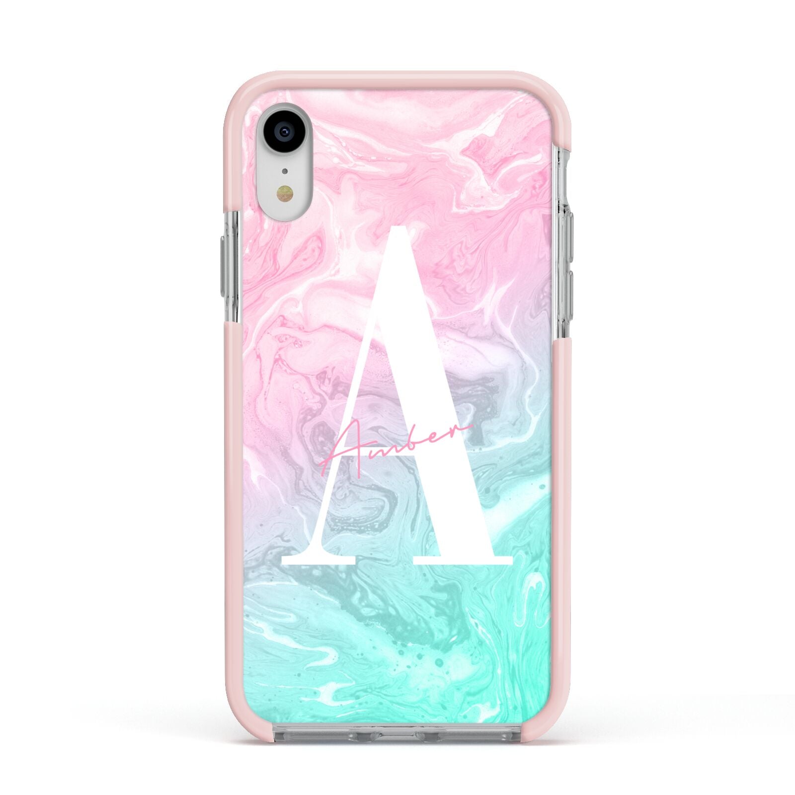 Monogrammed Pink Turquoise Pastel Marble Apple iPhone XR Impact Case Pink Edge on Silver Phone