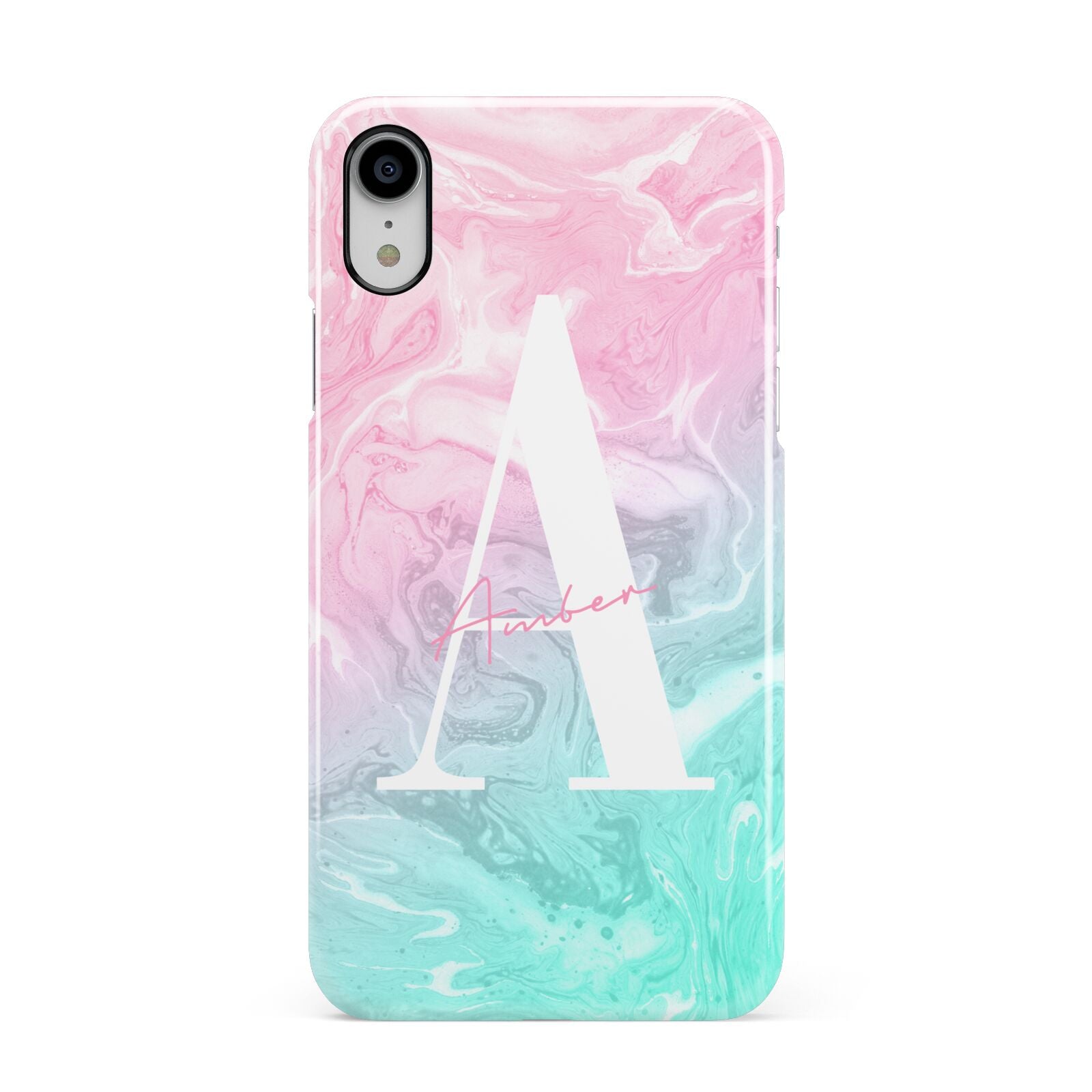 Monogrammed Pink Turquoise Pastel Marble Apple iPhone XR White 3D Snap Case