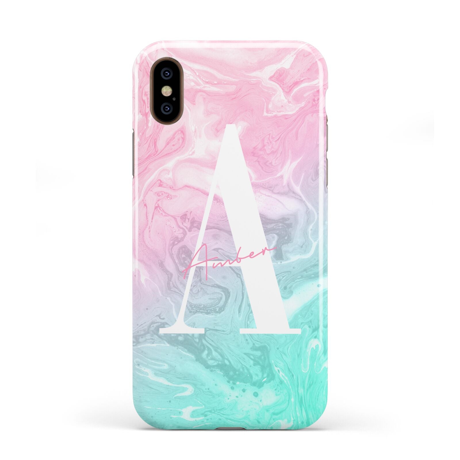 Monogrammed Pink Turquoise Pastel Marble Apple iPhone XS 3D Tough
