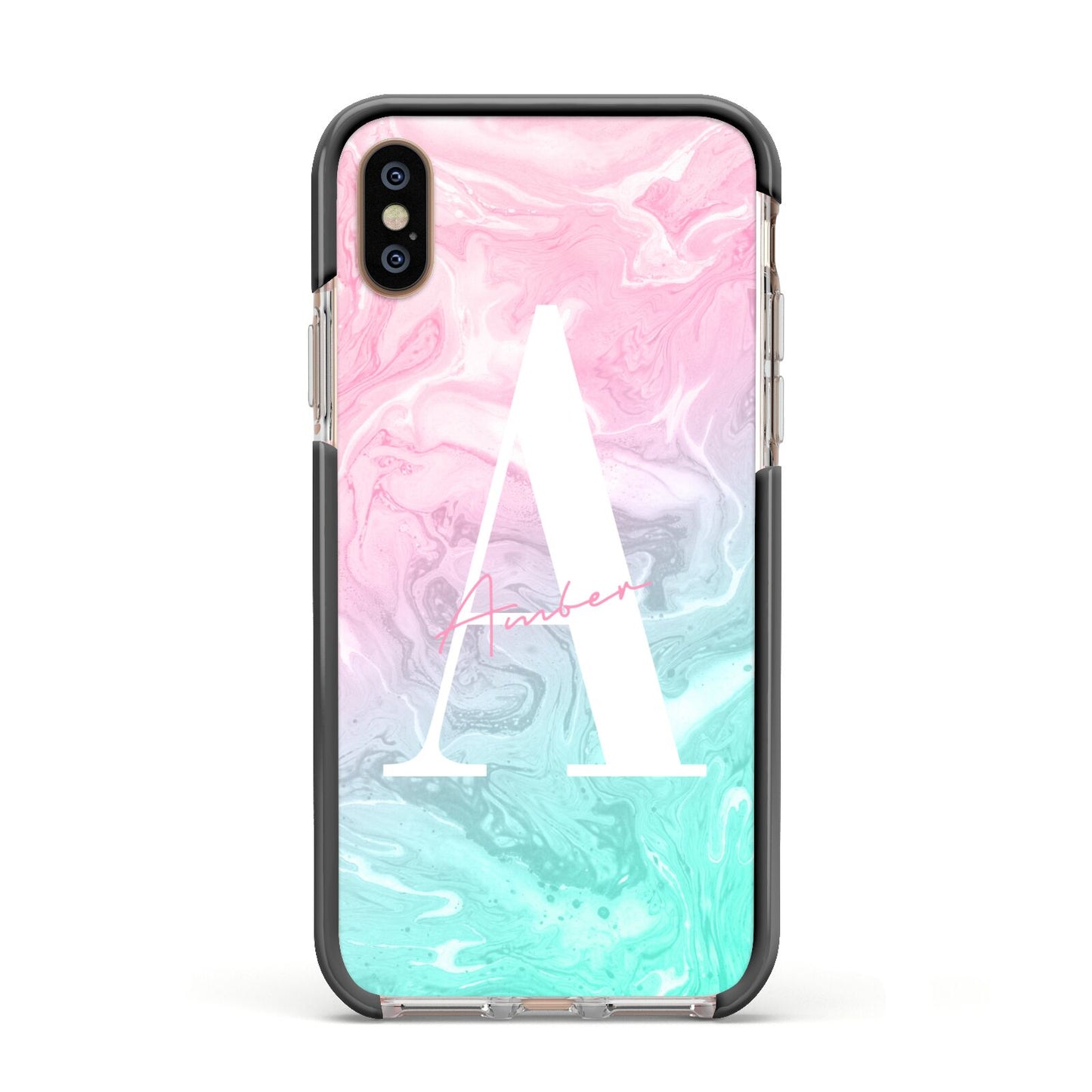 Monogrammed Pink Turquoise Pastel Marble Apple iPhone Xs Impact Case Black Edge on Gold Phone