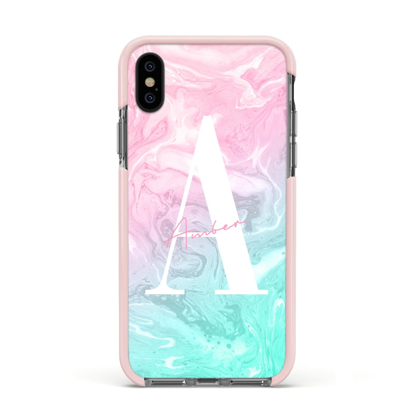 Monogrammed Pink Turquoise Pastel Marble Apple iPhone Xs Impact Case Pink Edge on Black Phone