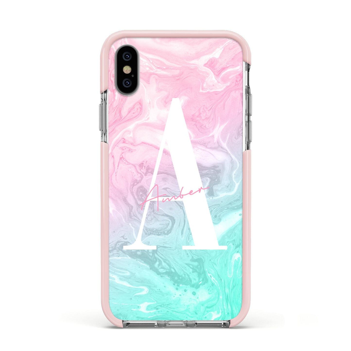 Monogrammed Pink Turquoise Pastel Marble Apple iPhone Xs Impact Case Pink Edge on Silver Phone
