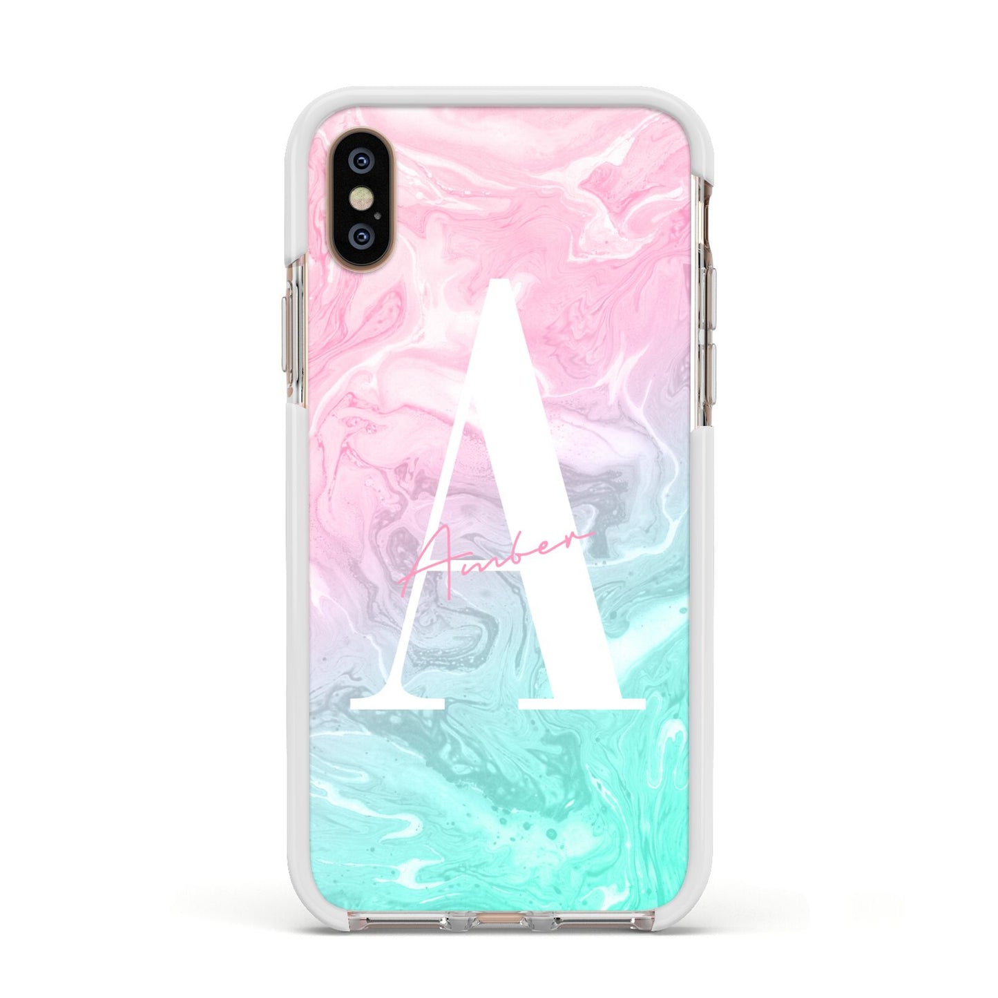 Monogrammed Pink Turquoise Pastel Marble Apple iPhone Xs Impact Case White Edge on Gold Phone