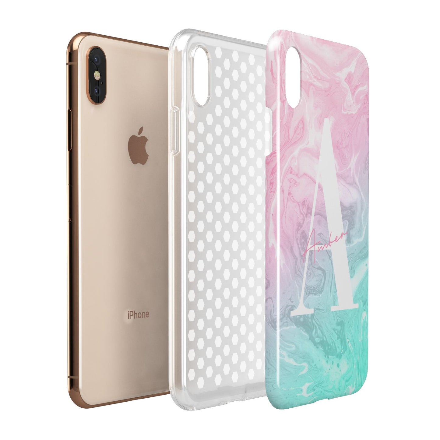 Monogrammed Pink Turquoise Pastel Marble Apple iPhone Xs Max 3D Tough Case Expanded View