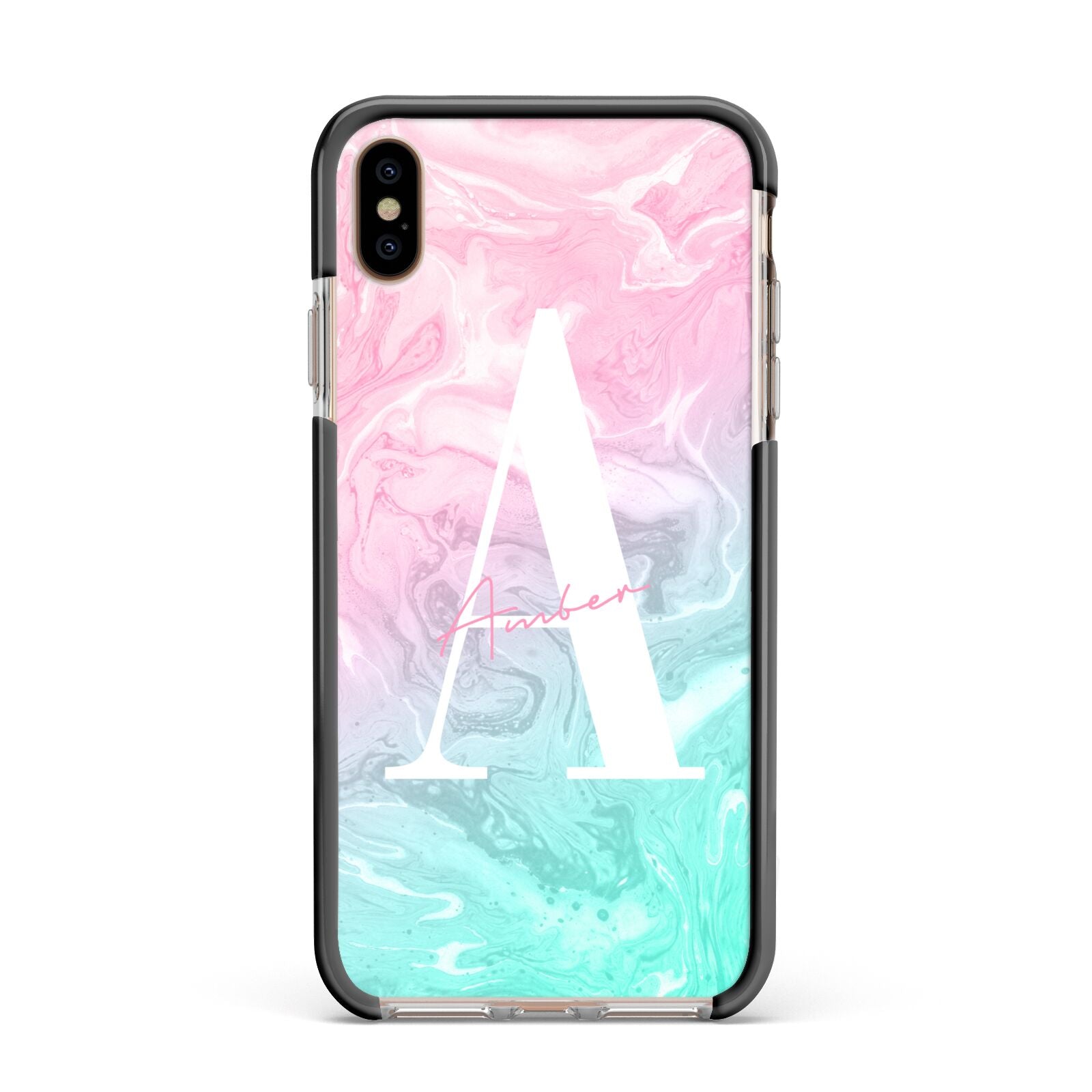 Monogrammed Pink Turquoise Pastel Marble Apple iPhone Xs Max Impact Case Black Edge on Gold Phone