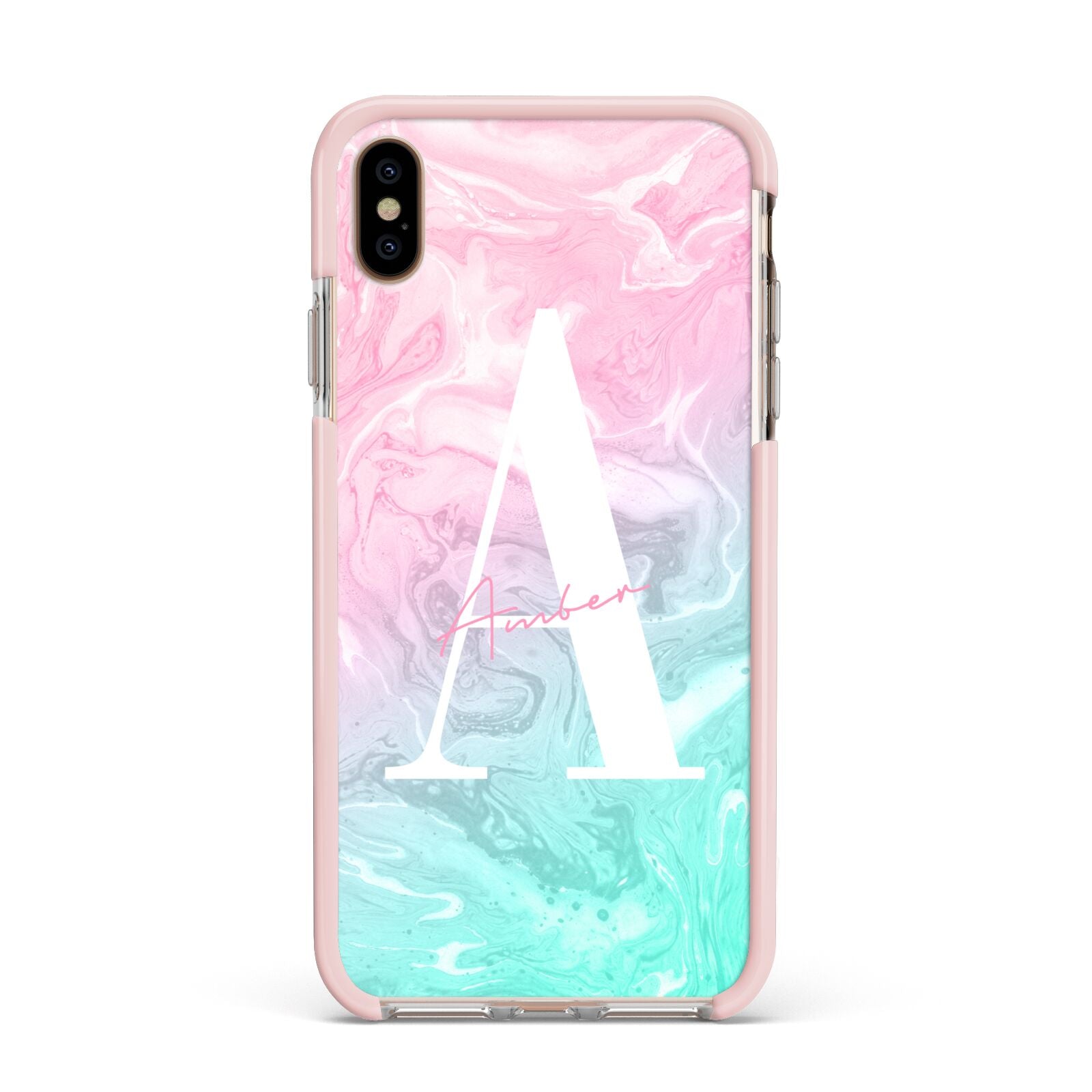 Monogrammed Pink Turquoise Pastel Marble Apple iPhone Xs Max Impact Case Pink Edge on Gold Phone