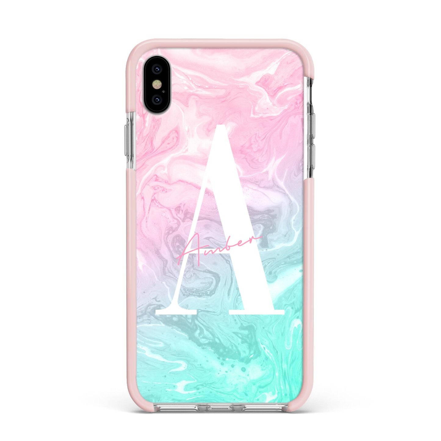 Monogrammed Pink Turquoise Pastel Marble Apple iPhone Xs Max Impact Case Pink Edge on Silver Phone