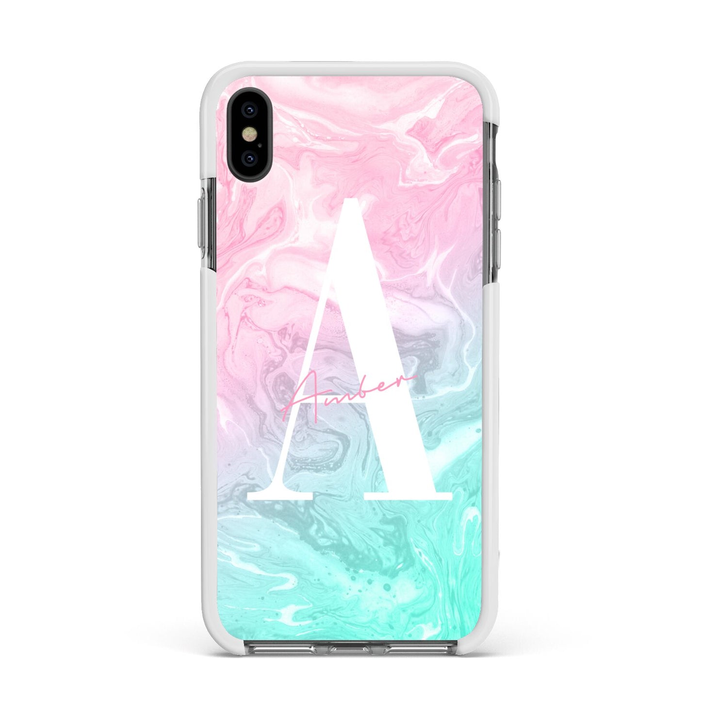Monogrammed Pink Turquoise Pastel Marble Apple iPhone Xs Max Impact Case White Edge on Black Phone