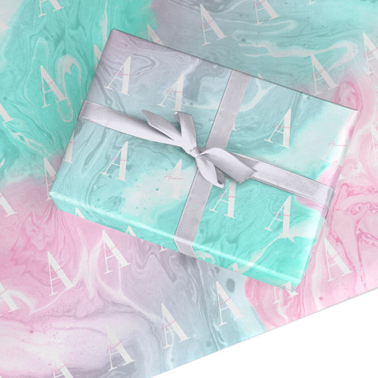 Monogrammed Pink Turquoise Pastel Marble Custom Wrapping Paper