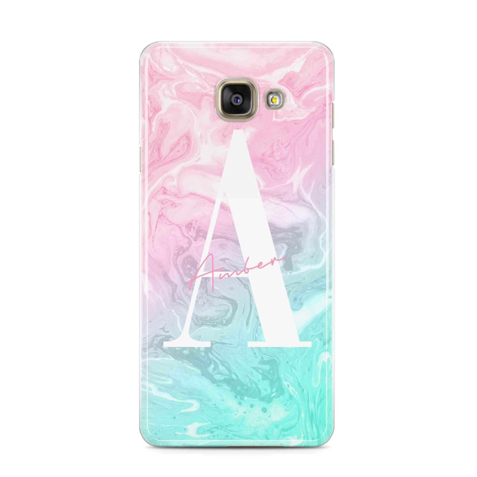 Monogrammed Pink Turquoise Pastel Marble Samsung Galaxy A3 2016 Case on gold phone