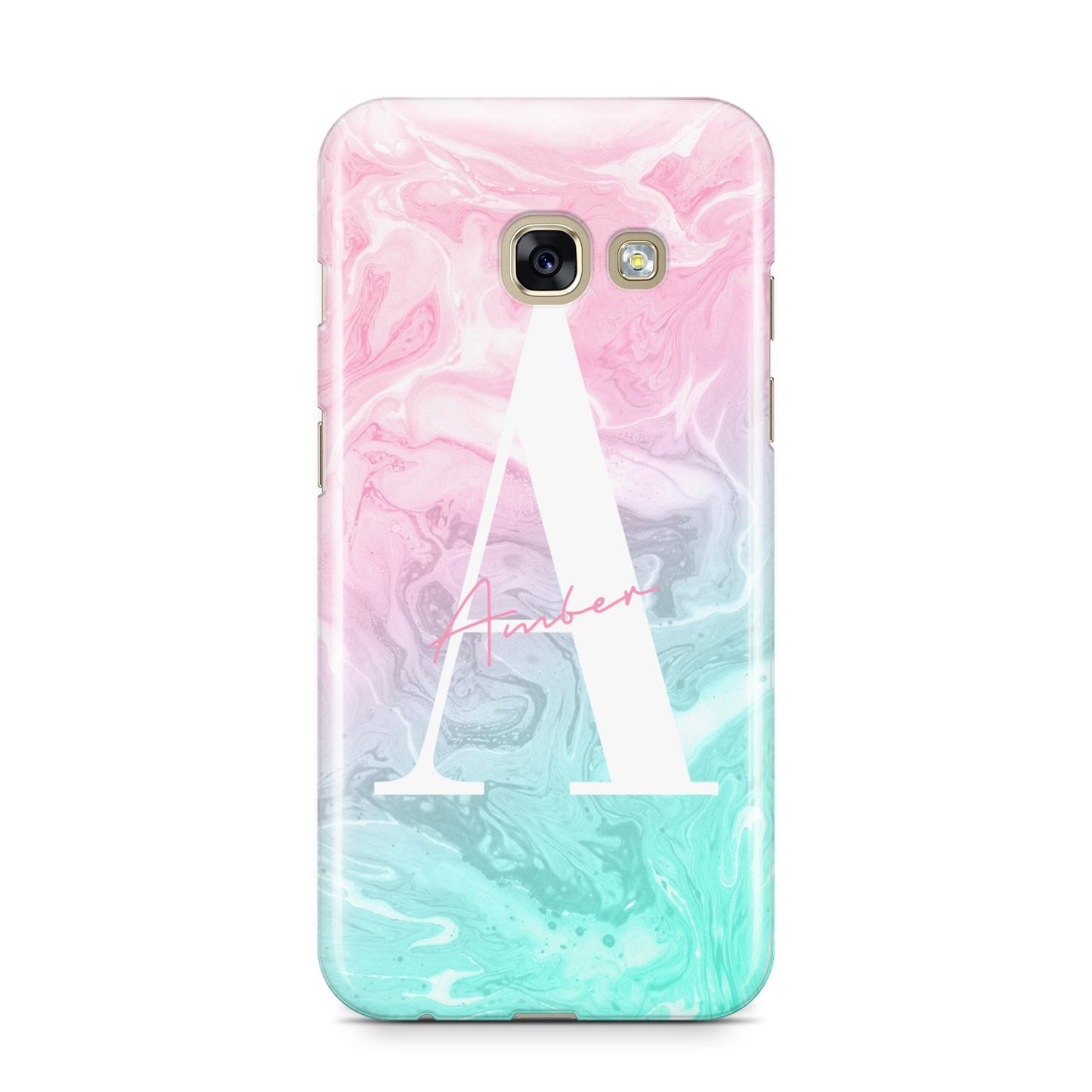 Monogrammed Pink Turquoise Pastel Marble Samsung Galaxy A3 2017 Case on gold phone
