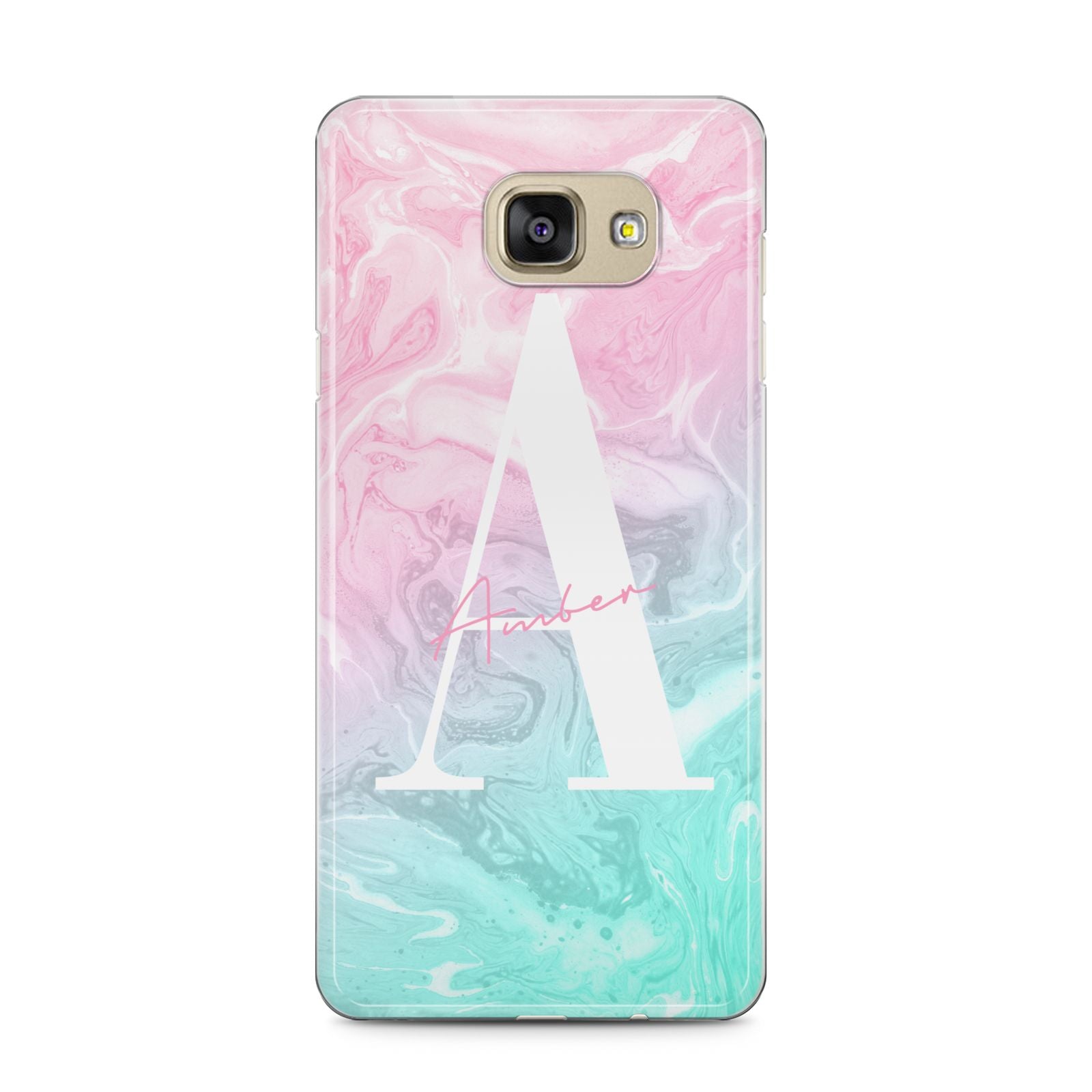Monogrammed Pink Turquoise Pastel Marble Samsung Galaxy A5 2016 Case on gold phone