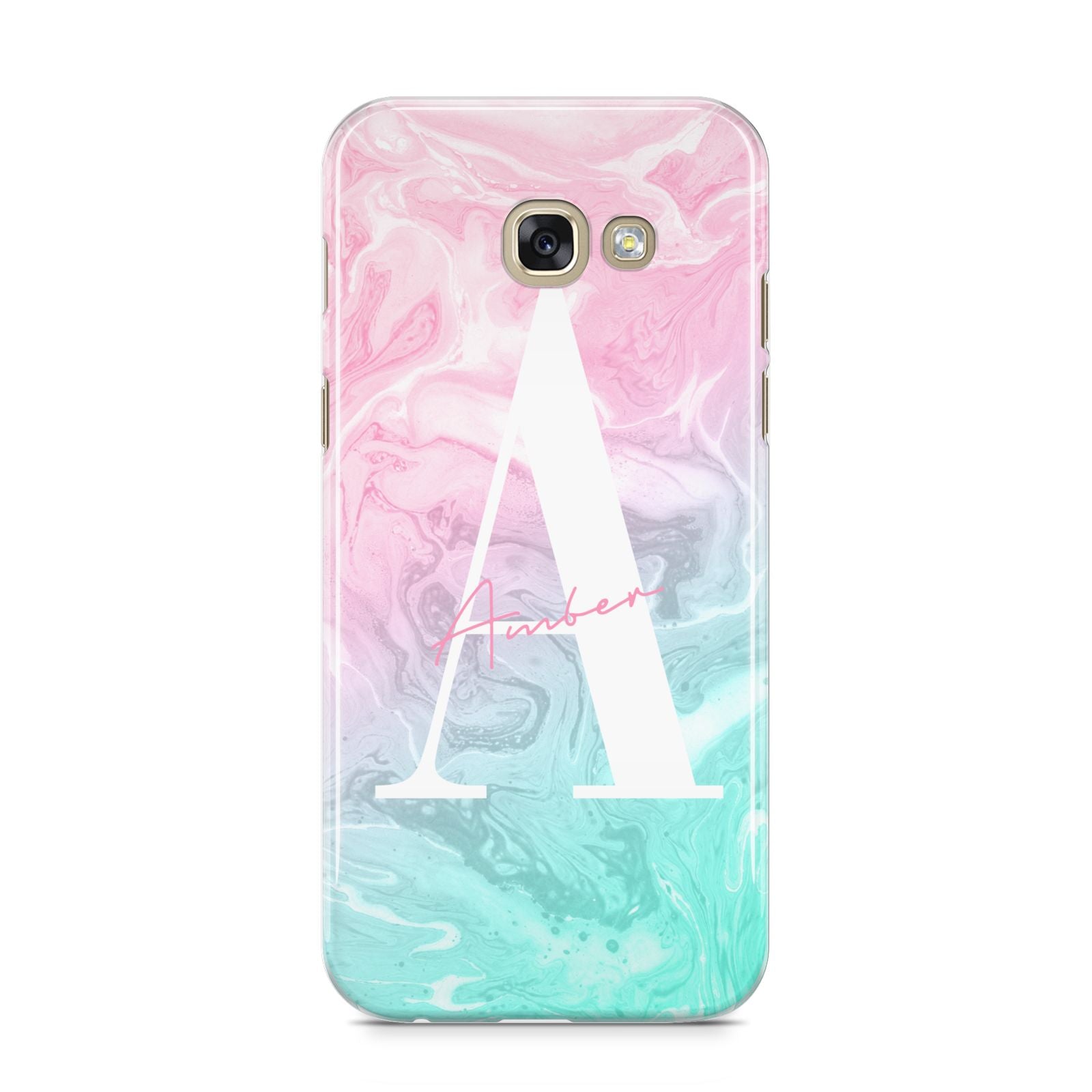 Monogrammed Pink Turquoise Pastel Marble Samsung Galaxy A5 2017 Case on gold phone
