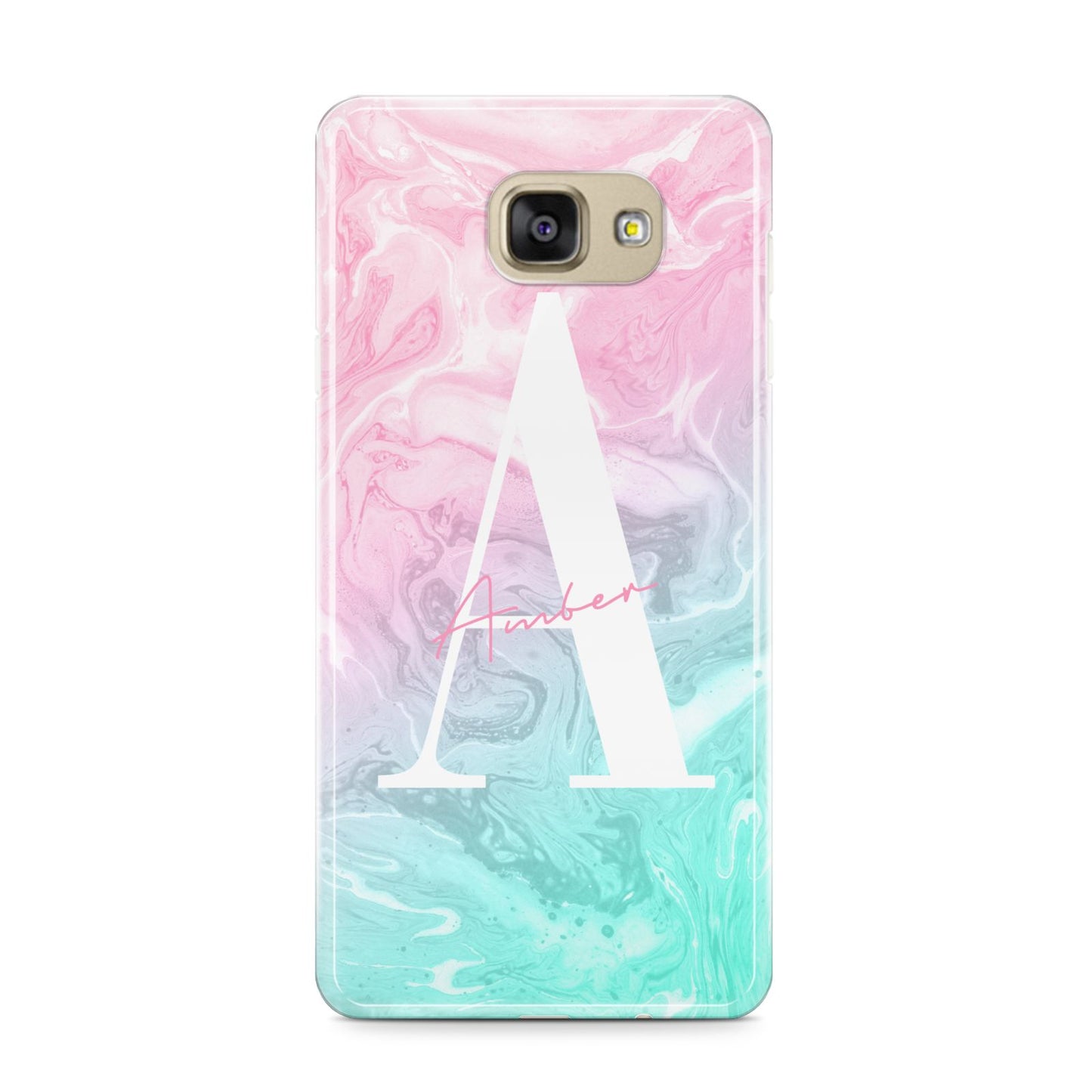 Monogrammed Pink Turquoise Pastel Marble Samsung Galaxy A9 2016 Case on gold phone