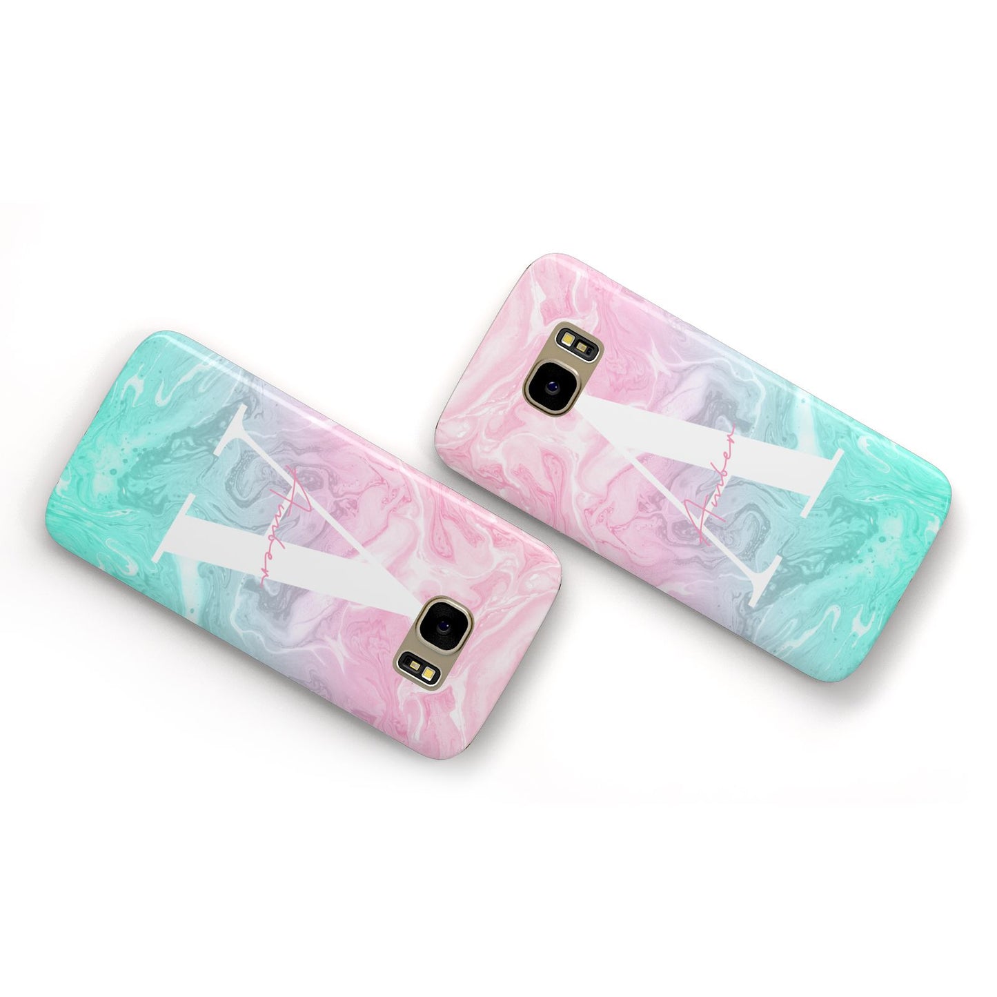 Monogrammed Pink Turquoise Pastel Marble Samsung Galaxy Case Flat Overview