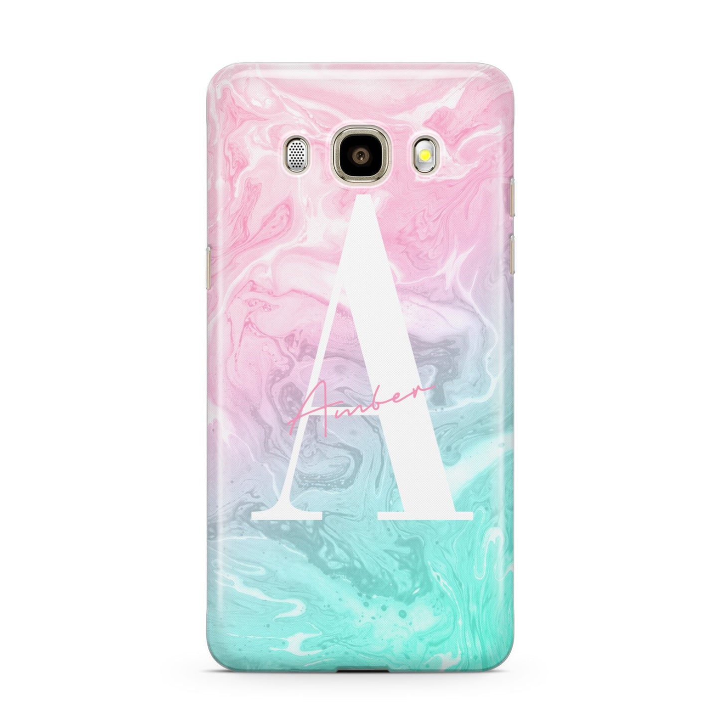 Monogrammed Pink Turquoise Pastel Marble Samsung Galaxy J7 2016 Case on gold phone