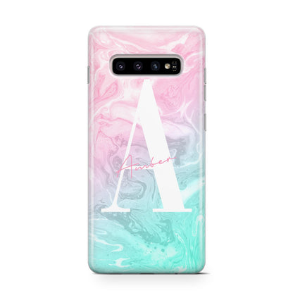 Monogrammed Pink Turquoise Pastel Marble Samsung Galaxy S10 Case