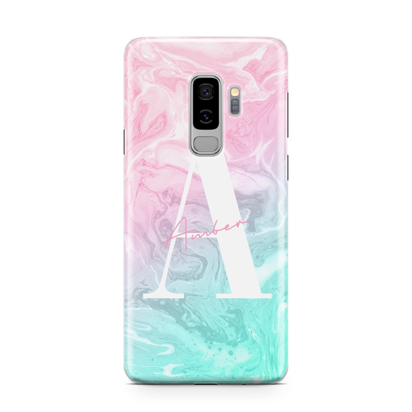 Monogrammed Pink Turquoise Pastel Marble Samsung Galaxy S9 Plus Case on Silver phone