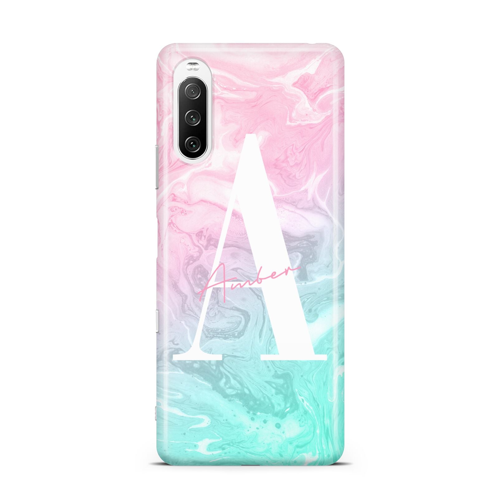 Monogrammed Pink Turquoise Pastel Marble Sony Xperia 10 III Case