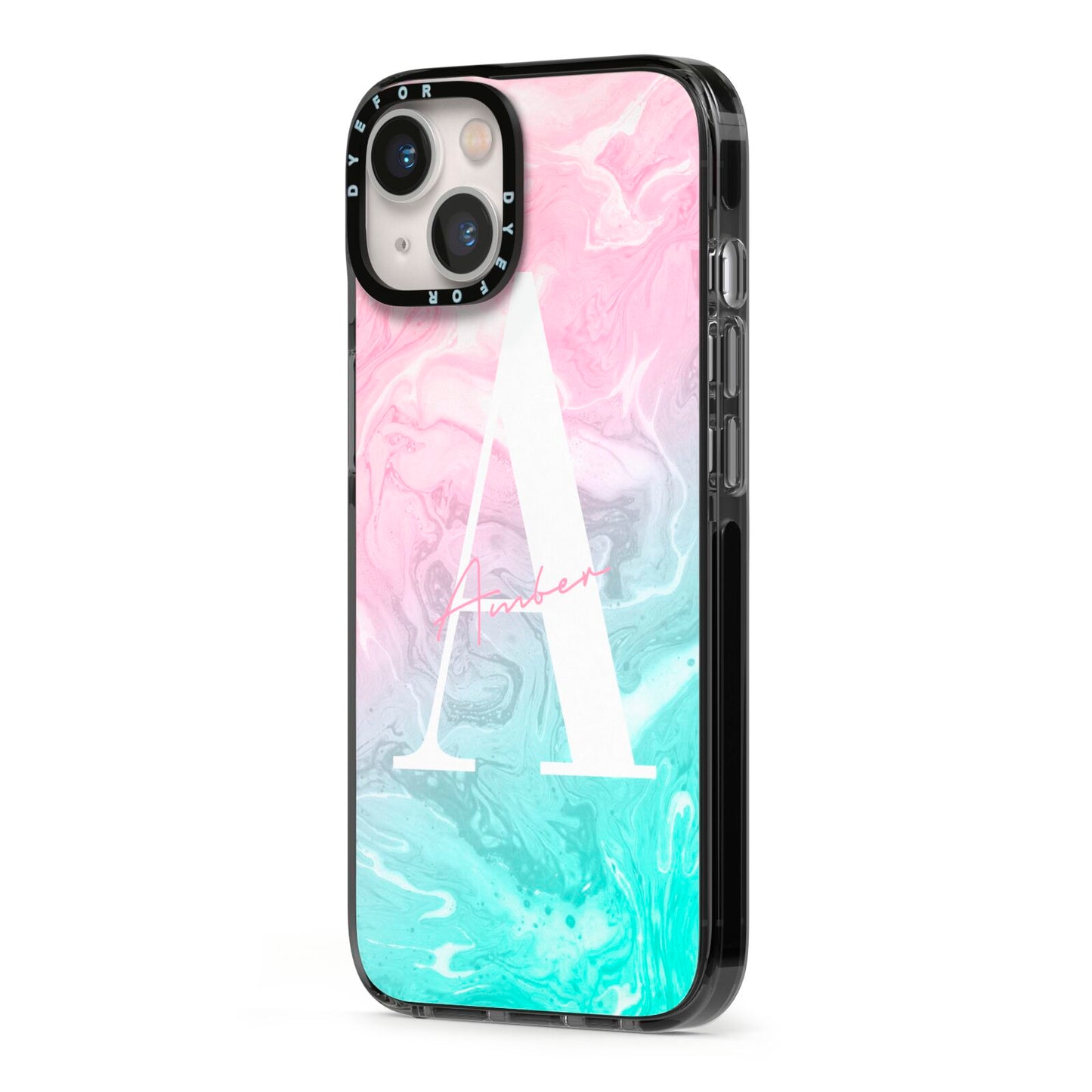 Monogrammed Pink Turquoise Pastel Marble iPhone 13 Black Impact Case Side Angle on Silver phone