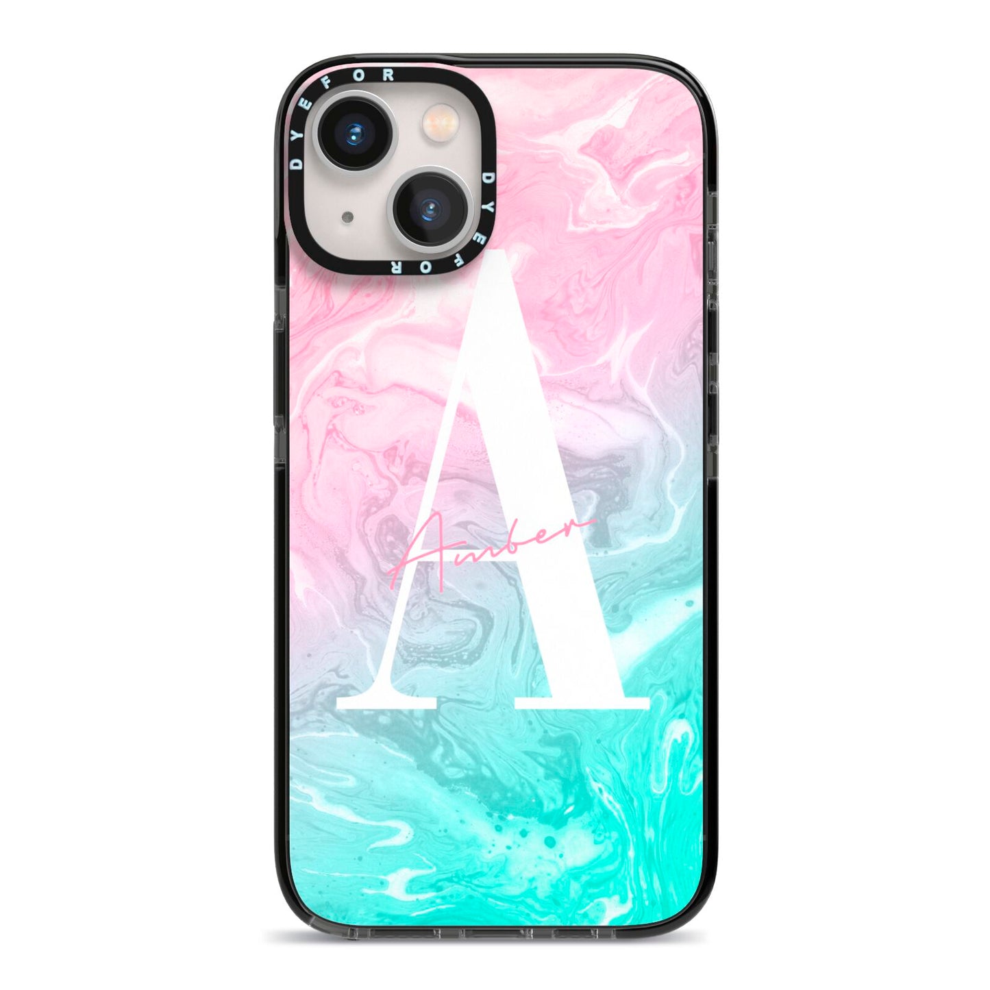 Monogrammed Pink Turquoise Pastel Marble iPhone 13 Black Impact Case on Silver phone