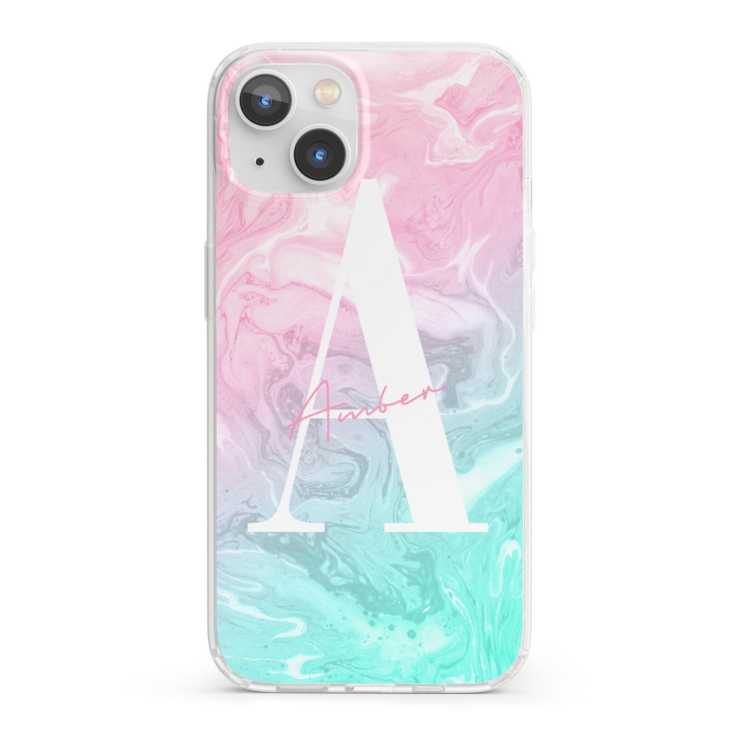Monogrammed Pink Turquoise Pastel Marble iPhone 13 Clear Bumper Case