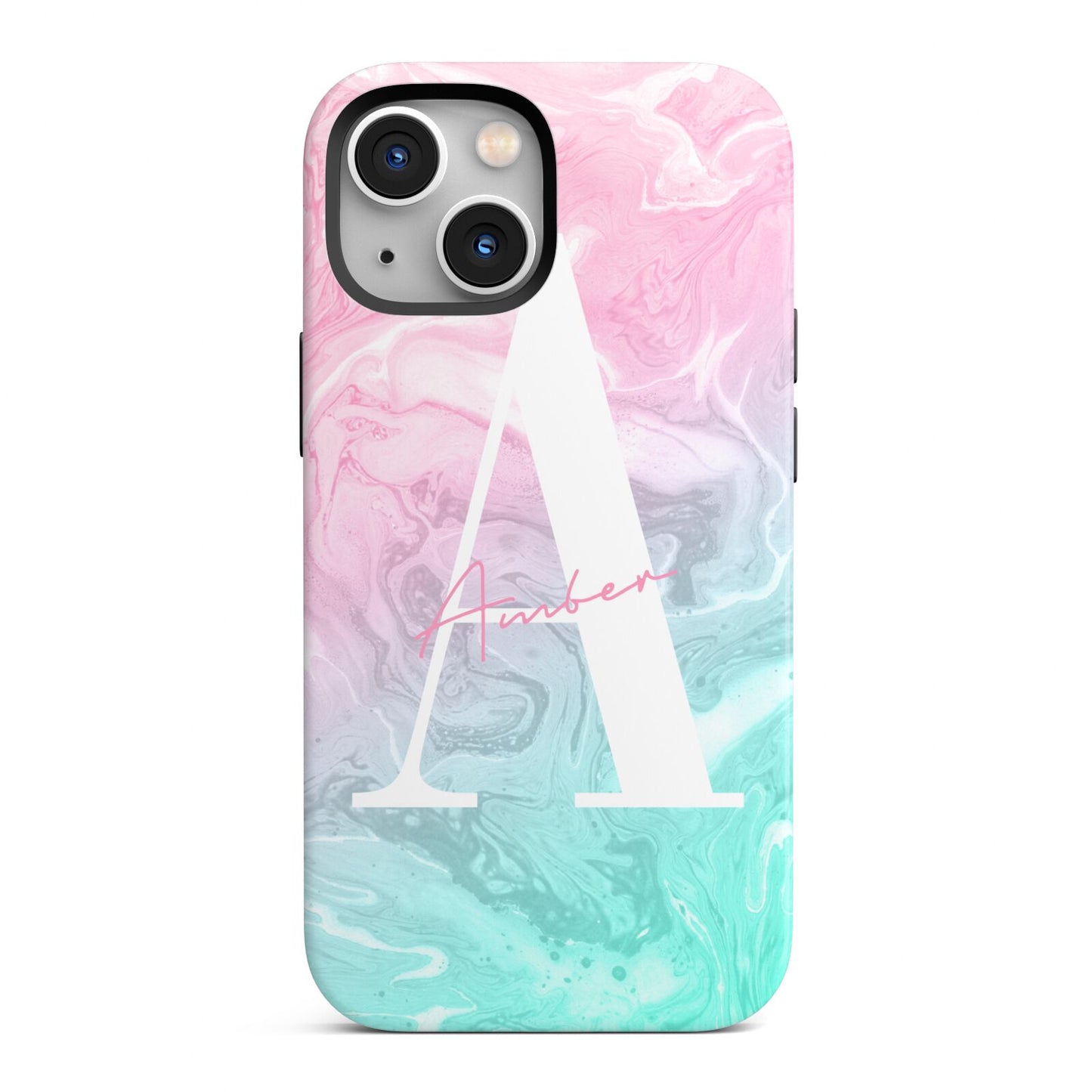 Monogrammed Pink Turquoise Pastel Marble iPhone 13 Mini Full Wrap 3D Tough Case