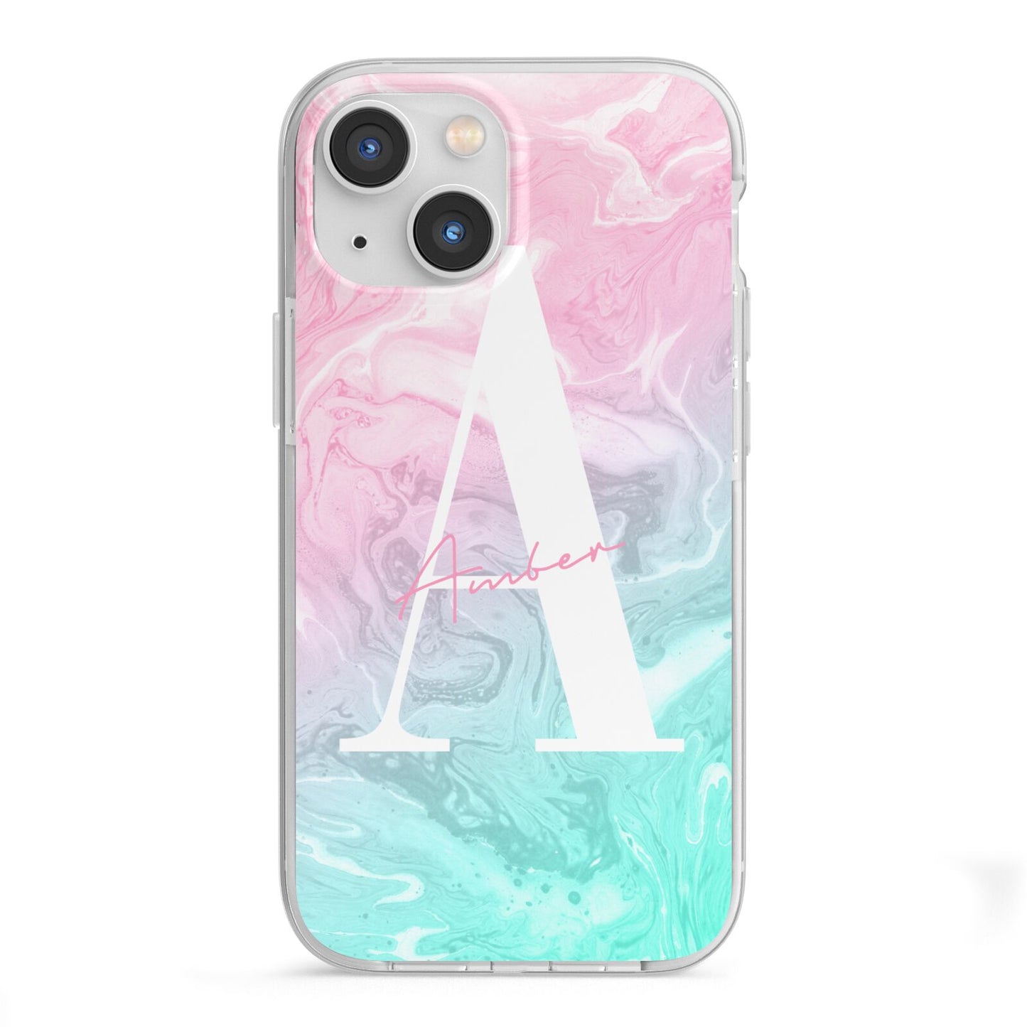 Monogrammed Pink Turquoise Pastel Marble iPhone 13 Mini TPU Impact Case with White Edges