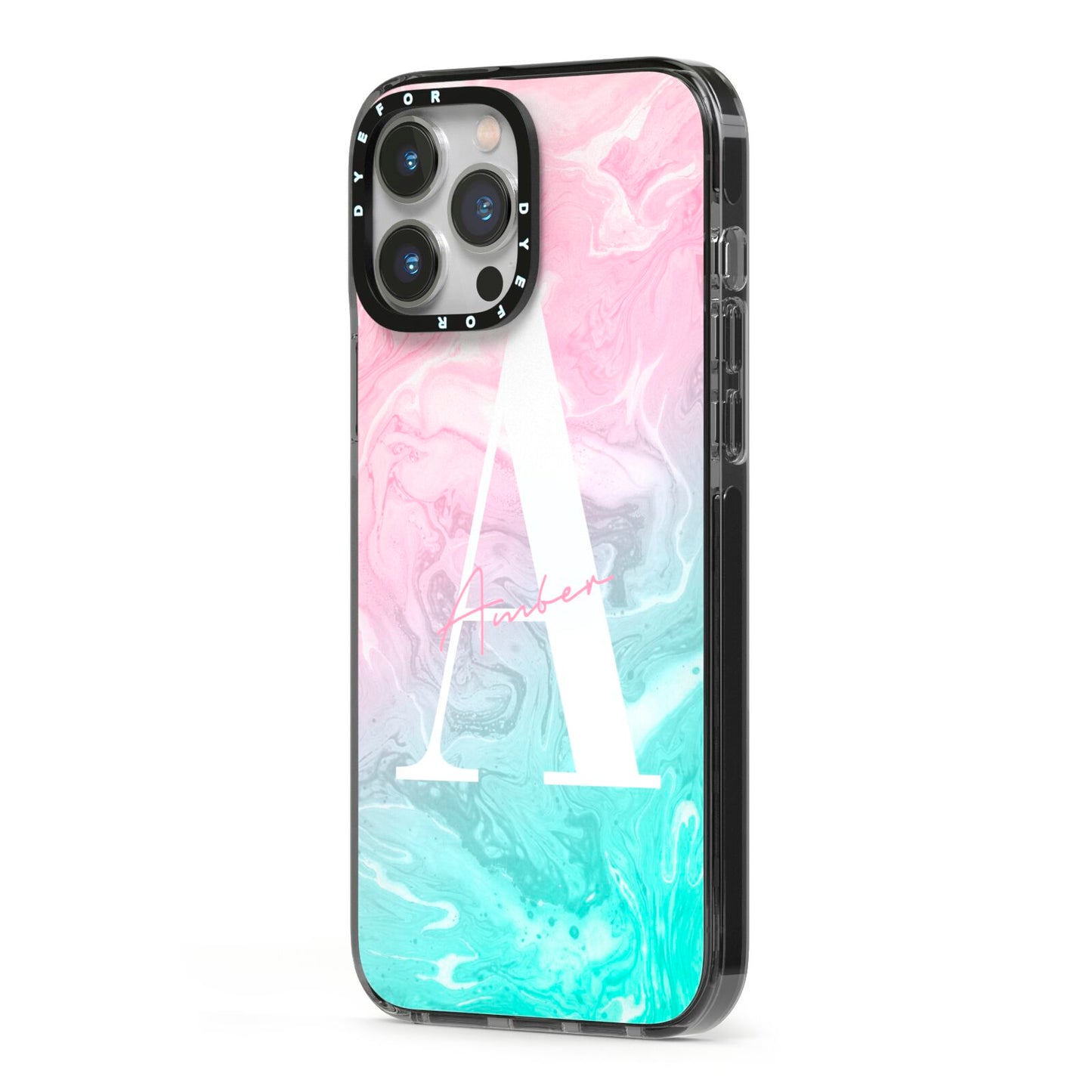 Monogrammed Pink Turquoise Pastel Marble iPhone 13 Pro Max Black Impact Case Side Angle on Silver phone