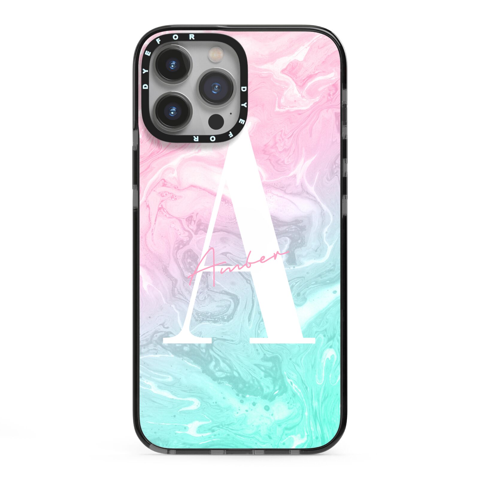 Monogrammed Pink Turquoise Pastel Marble iPhone 13 Pro Max Black Impact Case on Silver phone