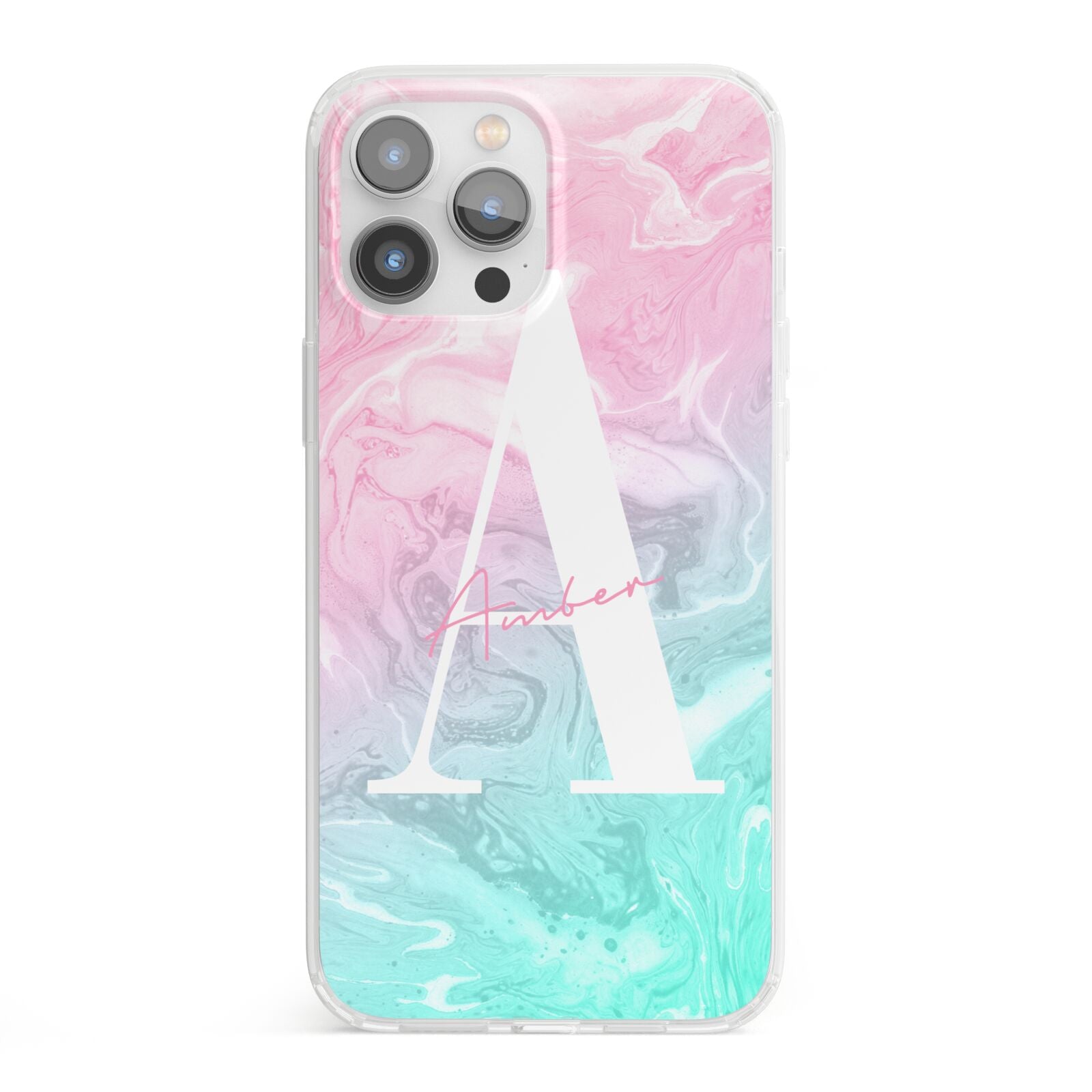 Monogrammed Pink Turquoise Pastel Marble iPhone 13 Pro Max Clear Bumper Case