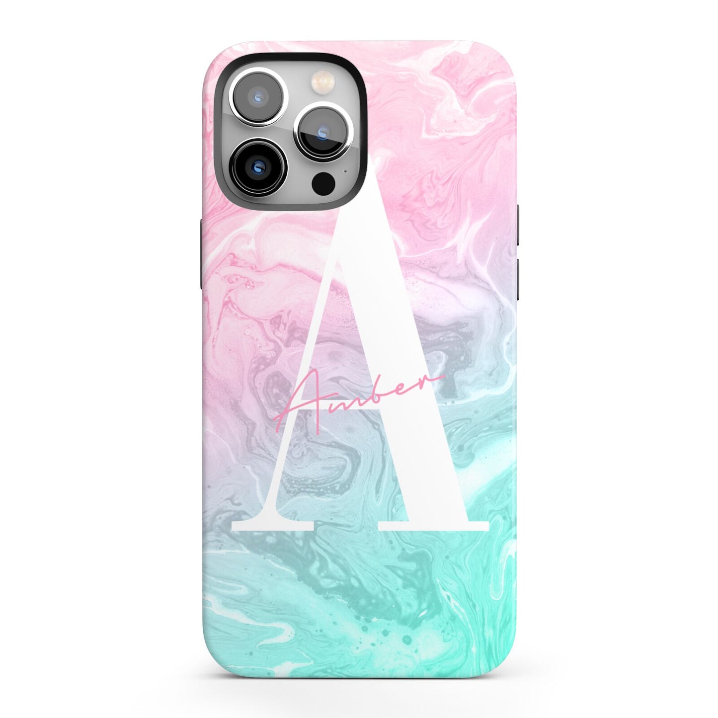 Monogrammed Pink Turquoise Pastel Marble iPhone 13 Pro Max Full Wrap 3D Tough Case