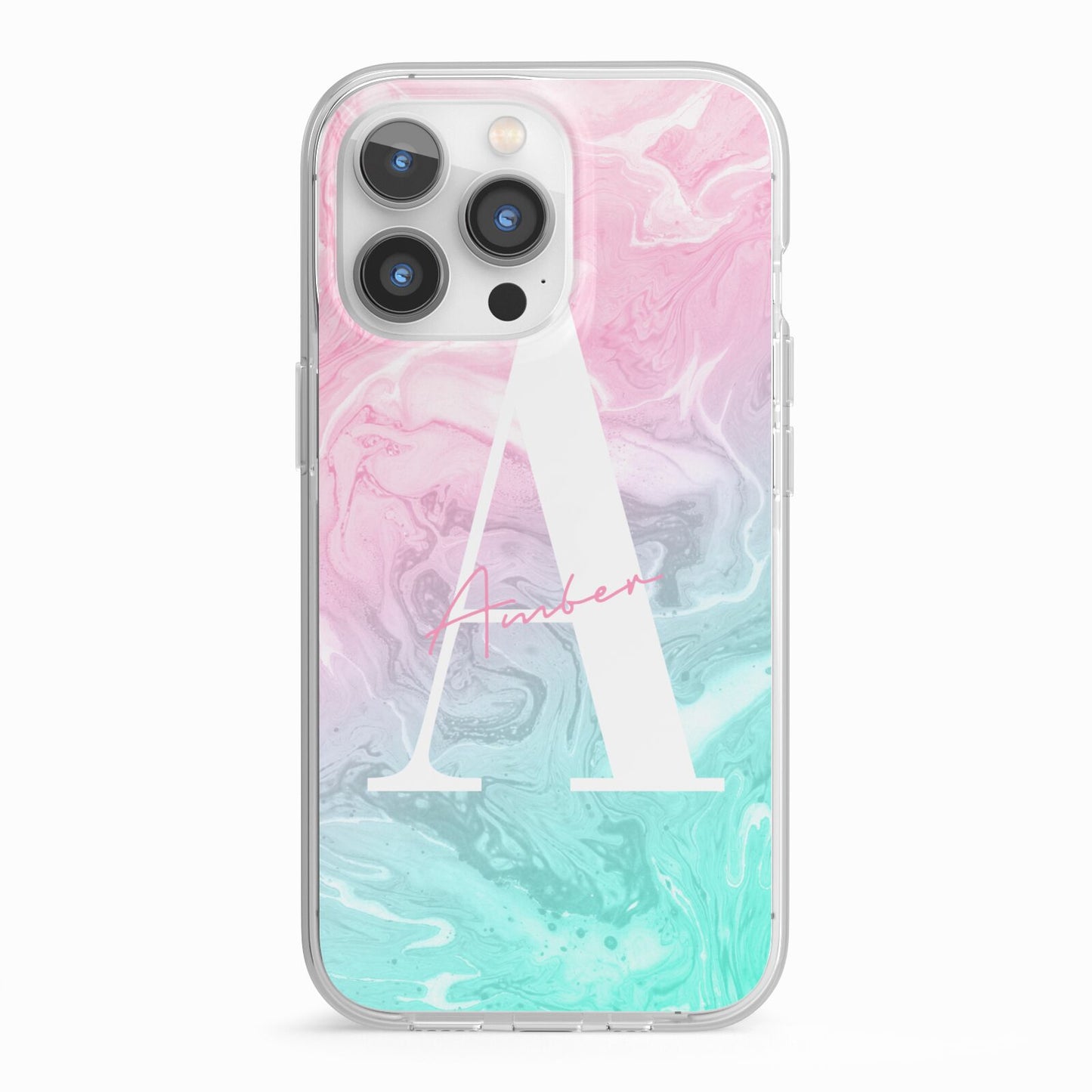 Monogrammed Pink Turquoise Pastel Marble iPhone 13 Pro TPU Impact Case with White Edges