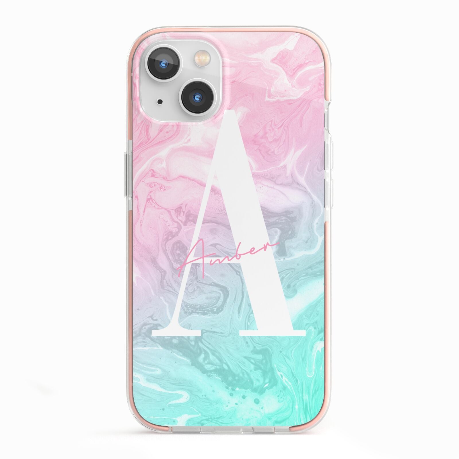 Monogrammed Pink Turquoise Pastel Marble iPhone 13 TPU Impact Case with Pink Edges