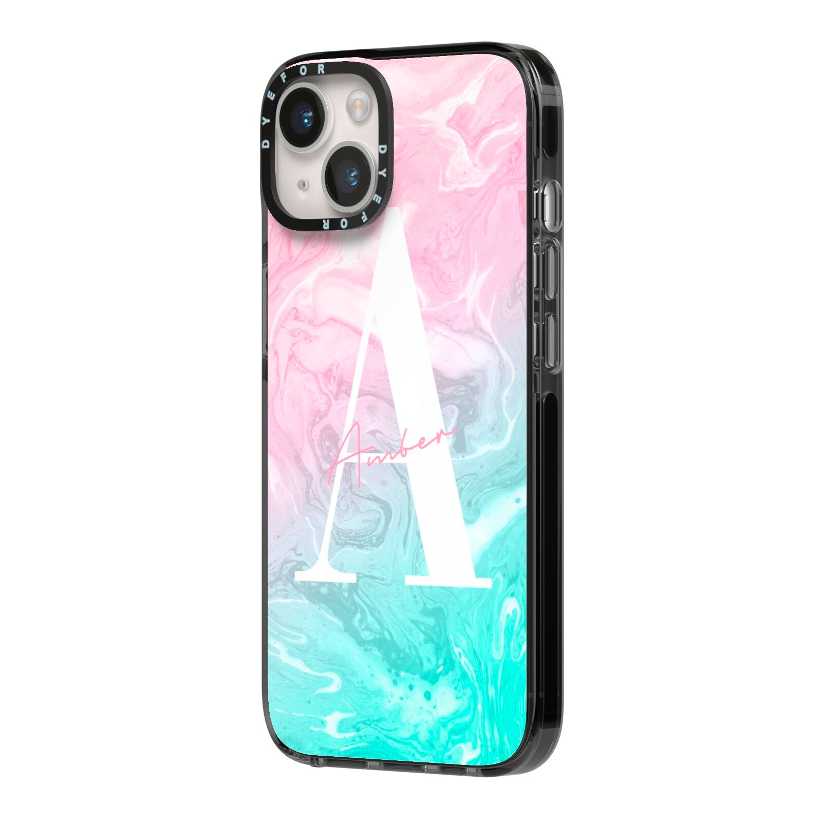 Monogrammed Pink Turquoise Pastel Marble iPhone 14 Black Impact Case Side Angle on Silver phone