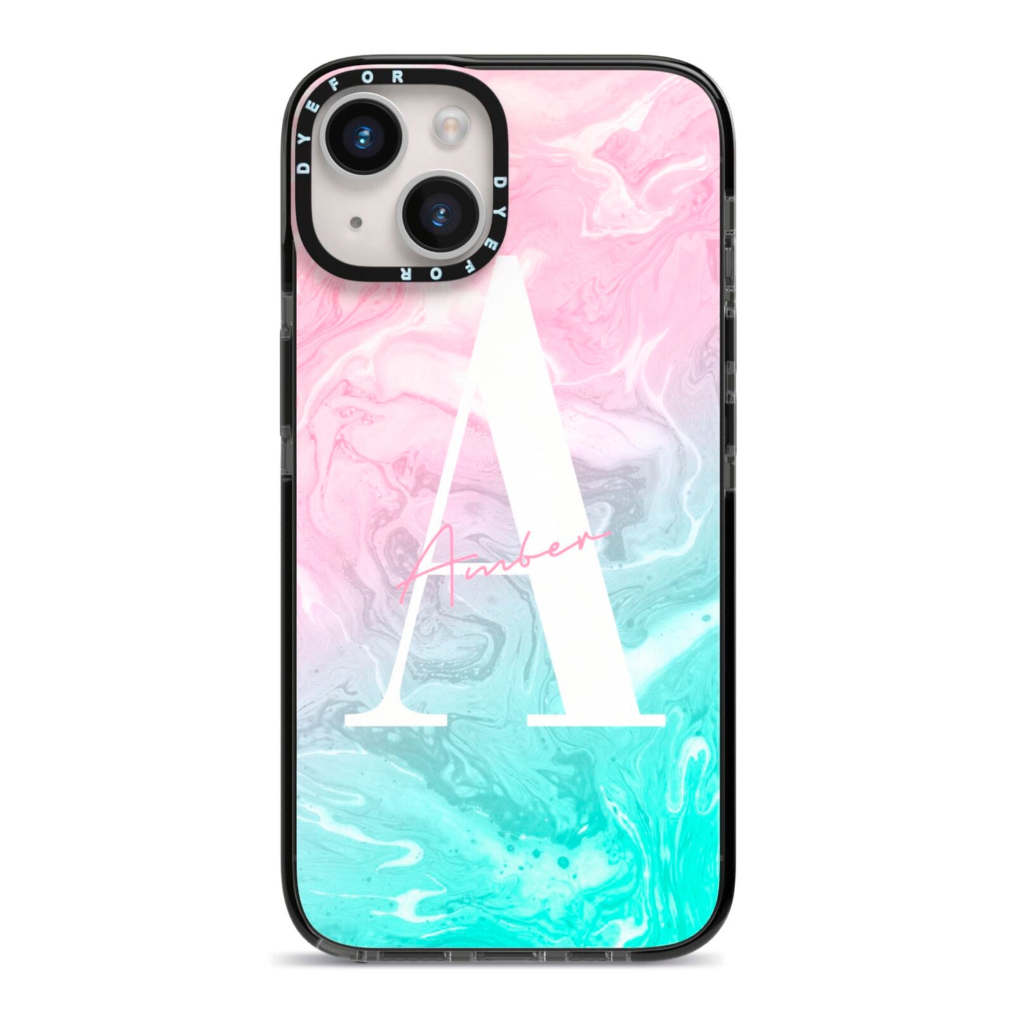Monogrammed Pink Turquoise Pastel Marble iPhone 14 Black Impact Case on Silver phone