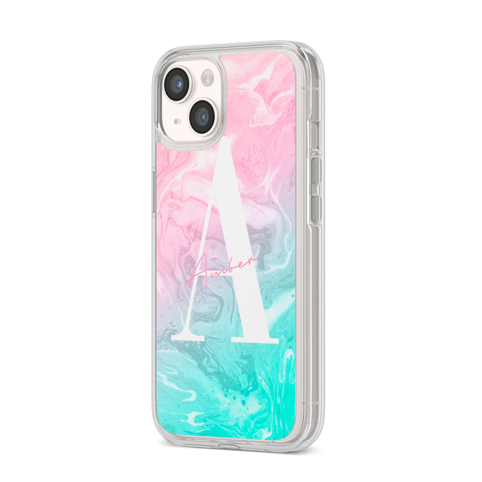 Monogrammed Pink Turquoise Pastel Marble iPhone 14 Clear Tough Case Starlight Angled Image
