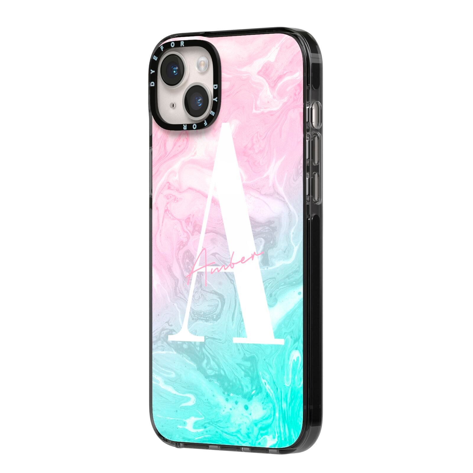 Monogrammed Pink Turquoise Pastel Marble iPhone 14 Plus Black Impact Case Side Angle on Silver phone