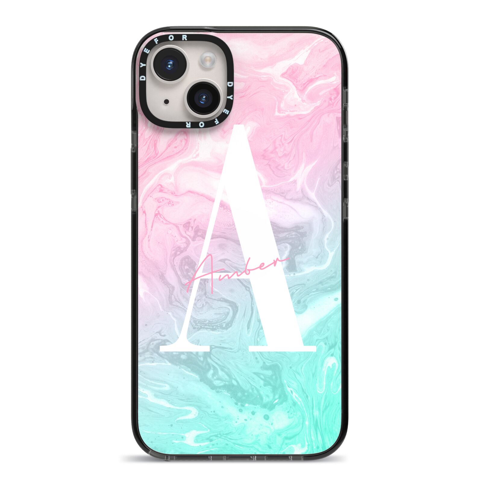 Monogrammed Pink Turquoise Pastel Marble iPhone 14 Plus Black Impact Case on Silver phone